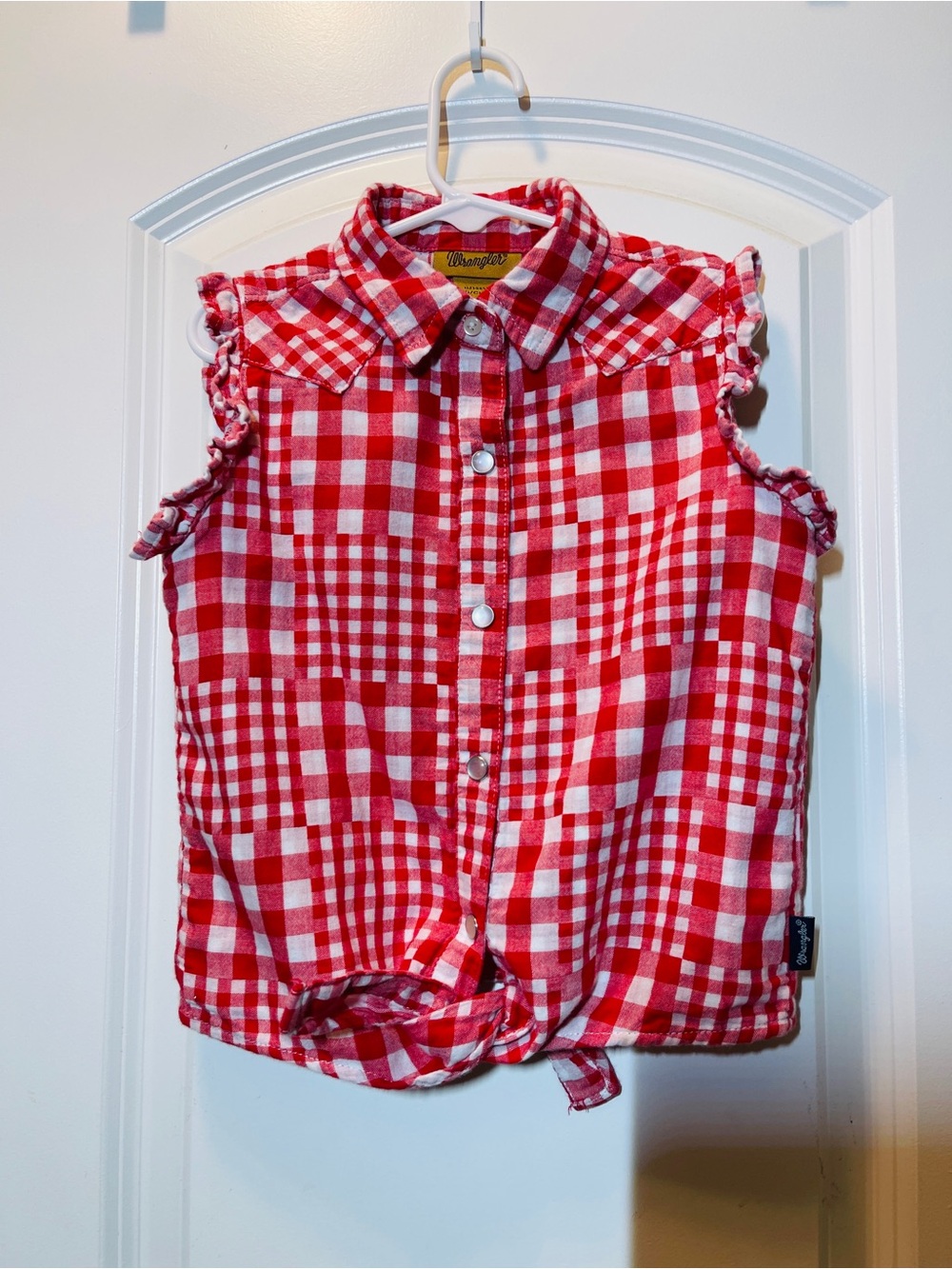 Wrangler Red and White Gingham Sleeveless Button-Front Top with Tie Hem